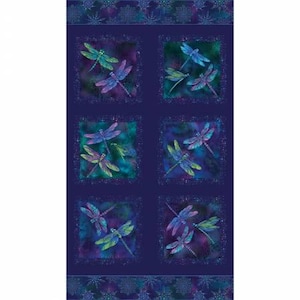 May include: A blue fabric with a repeating pattern of colorful dragonflies on a dark blue background. The dragonflies are in various shades of purple, blue, and green.