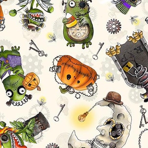 May include: A white background with a repeating pattern of Halloween themed illustrations.  The illustrations include a pumpkin, a monster, a clock, a key, a light bulb, and a gear.