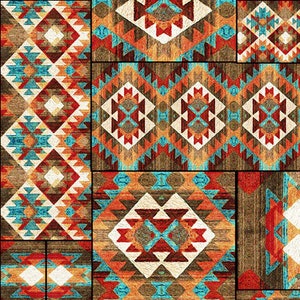 May include: A colorful patchwork design with geometric patterns in shades of red, orange, blue, brown, and white. The design is reminiscent of Native American or Southwestern art.