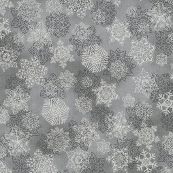 Holiday Flourish Snow Flower SRKM-21603-183 pewter snowflakes with metallic for Robert Kaufman