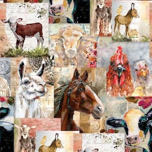 May include: A collage of watercolor paintings featuring various farm animals, including a llama, a horse, a sheep, a donkey, a rooster, a cow, and a chicken. The paintings are set against a background of vintage-style paper with handwritten text.