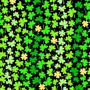 May include: A seamless pattern of green four-leaf clovers on a black background. The clovers are of varying sizes and shades of green.