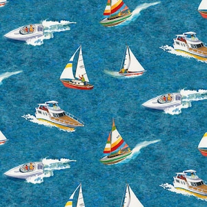 May include: A blue and white patterned fabric with a repeating design of sailboats and motorboats on a blue water background.