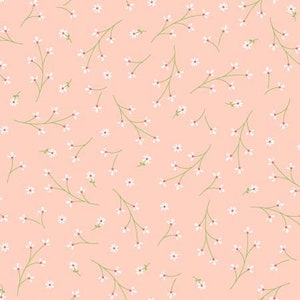 May include: A seamless pattern featuring small white flowers with green stems on a light pink background.