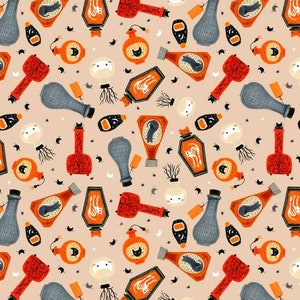 May include: A seamless pattern featuring various bottles and jars with a spooky Halloween theme. The bottles are filled with colorful liquids and feature whimsical designs, including cats, skulls, and other spooky elements. The background is a light peach color.