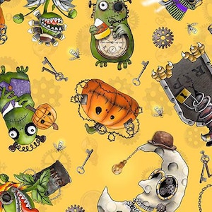 May include: A yellow background with a variety of Halloween-themed illustrations.  There are pumpkins, a monster, a moon, and a plant with a skull.  The illustrations are in a cartoon style and have a steampunk aesthetic.