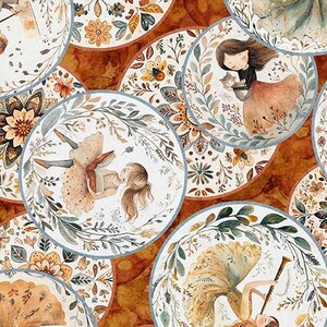 May include: A repeating pattern featuring circular illustrations of whimsical figures, including a girl reading a book and a woman playing a flute. The circles are framed by floral and leaf designs, set against a warm, textured background.