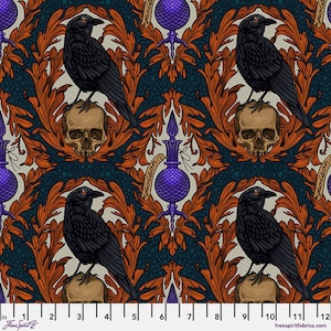 May include: A seamless pattern featuring black ravens perched on top of human skulls, with ornate gold and orange floral designs and purple poison bottles on a teal background.