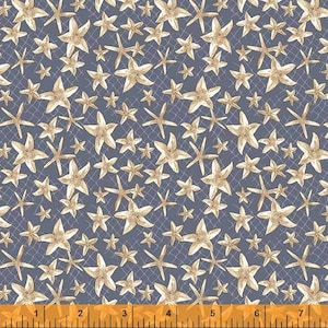 May include: A seamless fabric pattern featuring a repeating design of beige starfish on a light blue background. The starfish are of varying sizes and are scattered randomly across the fabric.