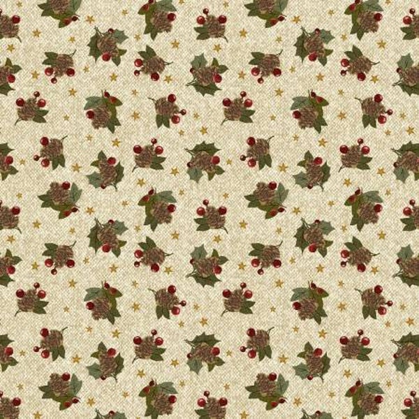 A Very Wooly Winter 10356-07 pine berries cream by Cheryl Haynes for Benartex