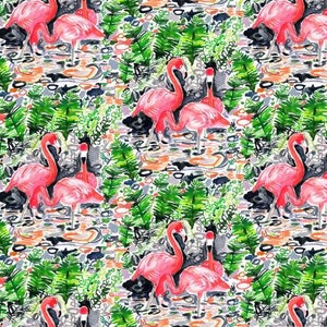 May include: A watercolor painting featuring a repeating pattern of pink flamingos standing in a lush green tropical setting. The flamingos are depicted in various poses, with their long necks arched and their beaks pointed towards the sky. The background is filled with vibrant green foliage, creating a sense of tropical paradise.