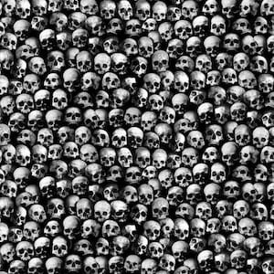 May include: A black and white seamless pattern featuring a repeating design of human skulls.