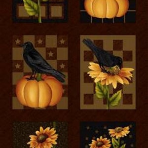 May include: A fabric panel featuring six rectangular designs with a fall theme. The designs include sunflowers, pumpkins, and black crows. The color palette is dominated by shades of orange, brown, and black, creating a rustic and autumnal feel.