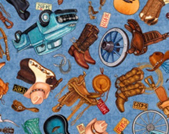 May include: A blue and white patterned fabric with a variety of western-themed illustrations, including cowboy boots, hats, saddles, guitars, and a vintage pickup truck.