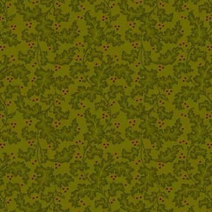 May include: A seamless pattern featuring a repeating design of green oak leaves and small red berries on a muted olive-green background. The leaves have a detailed, textured appearance, creating a classic, botanical aesthetic. This design is suitable for fabric or wallpaper.