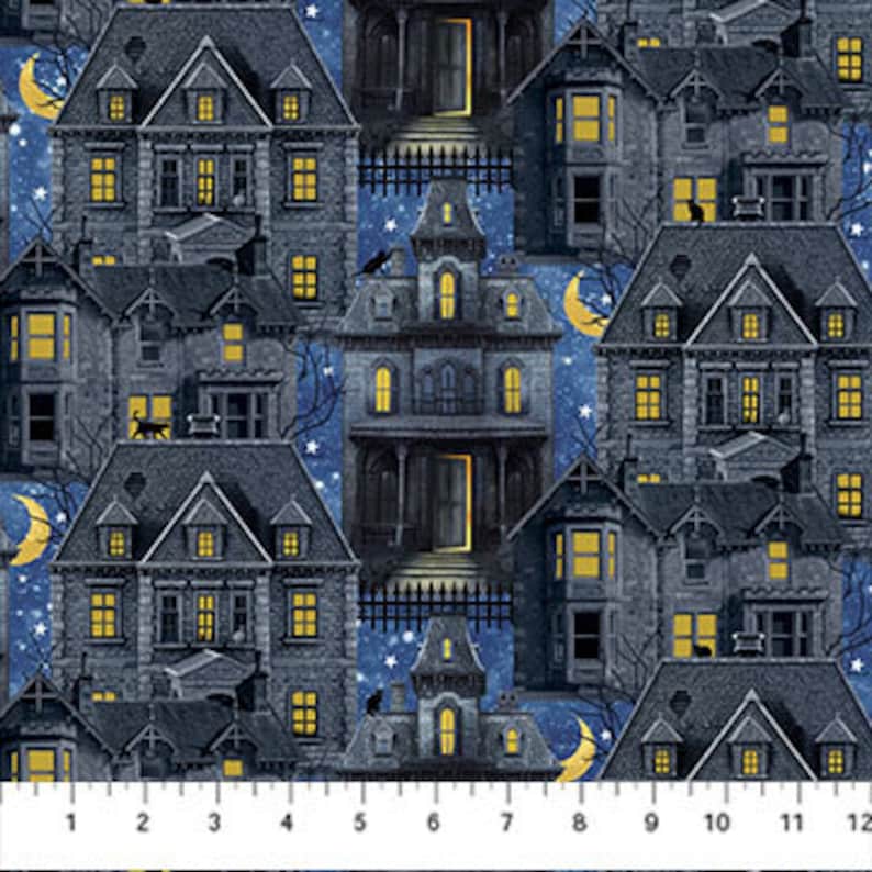 Spooky Rooftops Hocus Pocus 25446-48 Navy Multi Haunted Houses by Deborah Edwards for ...