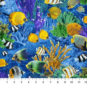 May include: A colorful underwater scene with various tropical fish, coral, and sea life. The fish are yellow, blue, green, and black with white stripes. The coral is orange, purple, and green. The background is a deep blue.