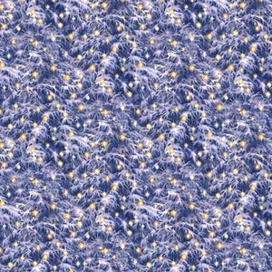 May include: A repeating pattern of blue and white frosted pine branches with scattered golden lights. The design evokes a winter or holiday theme, with a soft, textured appearance. The overall effect is festive and decorative.