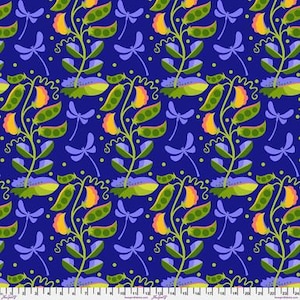 May include: A fabric pattern featuring a repeating design of green pea pods, yellow flowers, and light purple dragonflies on a deep blue background. A white ruler with black markings is visible along the bottom edge of the image.