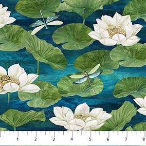 May include: A blue and green watercolor pattern featuring white water lilies and dragonflies. The background is a textured blue with hints of green and white.