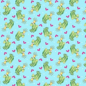 May include: A repeating pattern of green frogs wearing gold crowns on a light blue background with pink hearts.