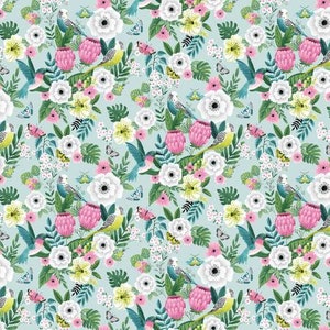 May include: A seamless pattern featuring a light blue background with white, pink, and yellow flowers, green leaves, and blue and green birds. The pattern is repeated throughout the image.