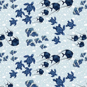 May include: A seamless pattern featuring blue and white fish and sea turtles on a light blue background. The pattern is perfect for fabric, wallpaper, or wrapping paper.