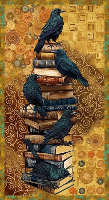 Crow Mazing 3448P-38 Ochre Multi Crow and Books Panel by Jan Mott