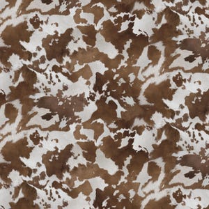 May include: A seamless pattern featuring a cowhide design. The pattern showcases a mix of brown and white patches, mimicking the natural markings of a cow's hide. The texture appears soft and detailed.
