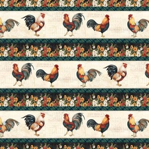 May include: A seamless pattern featuring a repeating design of colorful roosters with red, yellow, and black plumage. The roosters are set against a white background with black and green stripes and floral accents.