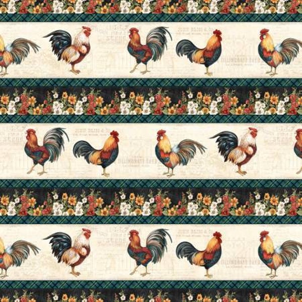 Garden Gate Roosters 39811-149 multi repeating stripe by Susan Winget for Wilmington Prints