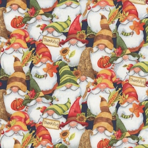 May include: A seamless pattern featuring a variety of gnomes with different autumnal accessories. The gnomes are wearing hats, scarves, and holding items like pumpkins, sunflowers, and corn. The background is a dark blue color.