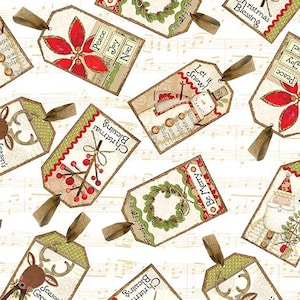 May include: A white background with various Christmas-themed gift tags. The tags are decorated with images of reindeer, snowmen, poinsettias, wreaths, and trees. The tags have text that reads "Christmas Blessing", "Let it Snow", "Be Merry", "Peace Joy Noel", and "Season's Greetings".