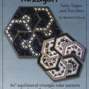 May include: Triangle Frenzy Hexagon quilting pattern for a table topper or tree skirt. The pattern uses 60 degree equilateral triangles and is designed for beginner and intermediate quilters. The finished size is 41 inches by 46 inches.