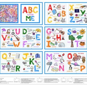 May include: A colorful educational poster set with the alphabet, featuring illustrations for each letter. The top left panel has scribbled lines, and the top center panel reads "ABC WITH ME."