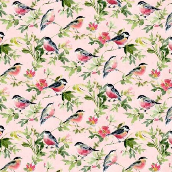 Among the Branches 39756-379 pink birds allover by Susan Winget for Wilmington Prints
