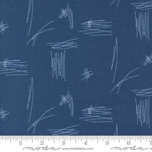 May include: Blue fabric with a white abstract pattern of lines and dashes. The fabric has a subtle texture and is perfect for quilting, sewing, and crafting.