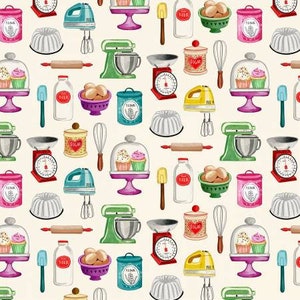 May include: A seamless pattern featuring various kitchen tools and baking supplies, including a stand mixer, rolling pin, measuring cups, cake pans, and a variety of other items. The pattern is set against a cream background and features a variety of colors, including red, blue, green, yellow, and pink.