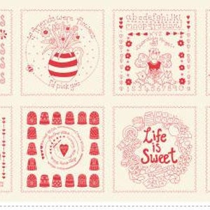 May include: A set of 10 fabric squares with red and white designs. The designs include a heart, a sewing machine, a flower in a vase, a thimble, and a variety of text. The text includes "Sunshine", "Make", "Life is Sweet", "A stitch in time", and "Loves nine".