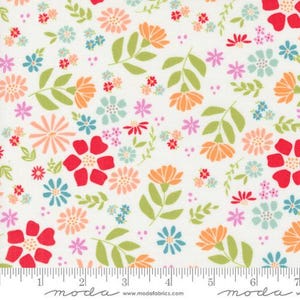 May include: White fabric with a repeating pattern of colorful flowers and leaves. The flowers are in shades of red, orange, pink, blue, and green. The fabric is perfect for quilting, sewing, and crafting.
