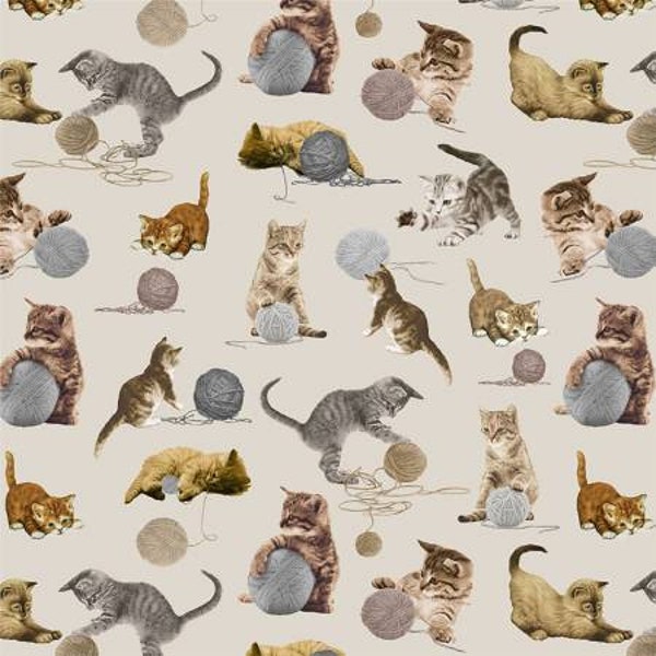 Cats CAT-CD2062 taupe cats playing with balls of yarn for Timeless Treasures