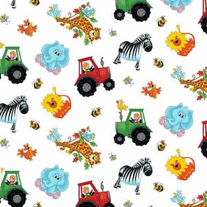May include: A colorful seamless pattern featuring various animals and tractors. The pattern includes a zebra, elephant, lion, tractor, and a bee. The background is white.