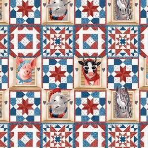 May include: A repeating pattern of red, white, and blue patchwork quilt squares with various animal faces in each square. The animals include a pig, a cow, a sheep, and a horse.