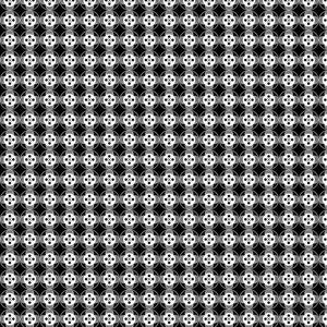 May include: Black and white geometric pattern with repeating circles and lines. The pattern is symmetrical and creates a sense of movement.