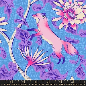 May include: A fabric design featuring a pink fox leaping amidst stylized purple foliage and pink flowers against a light blue dotted background. The design includes the text "RUBY STAR SOCIETY" at the bottom.