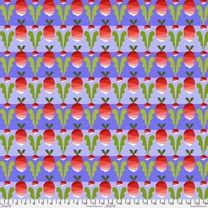 May include: A fabric pattern featuring a repeating design of red radishes with green leaves arranged in horizontal rows against a background of alternating light blue and medium blue stripes, with a white ruler visible at the bottom edge.