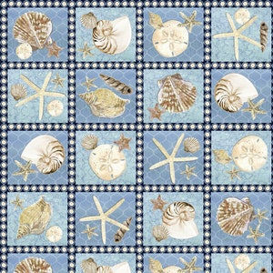 May include: A blue and white patterned fabric with a repeating design of seashells, starfish, and sand dollars. The fabric has a subtle texture and a vintage feel.