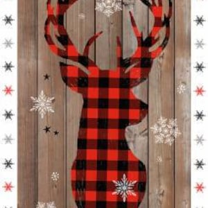 May include: A red and black plaid deer silhouette on a woodgrain background with white snowflakes.