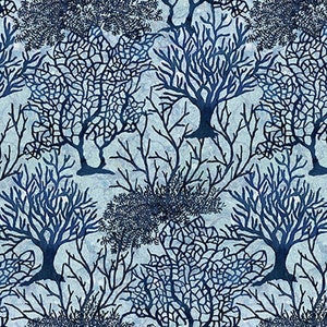 May include: A seamless pattern featuring a repeating design of blue coral branches on a light blue background.