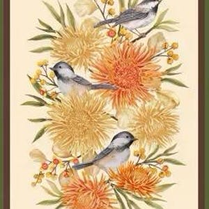 May include: A rectangular decorative panel featuring three small birds perched among orange and yellow flowers and green foliage. The birds have gray and white feathers. The panel has a cream background with a dark green and brown border.